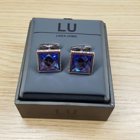LINEA UOMO Mens Silver Blue Square Crystal Cufflinks Rhinestone Trim Cuff Links - Picture 1 of 5